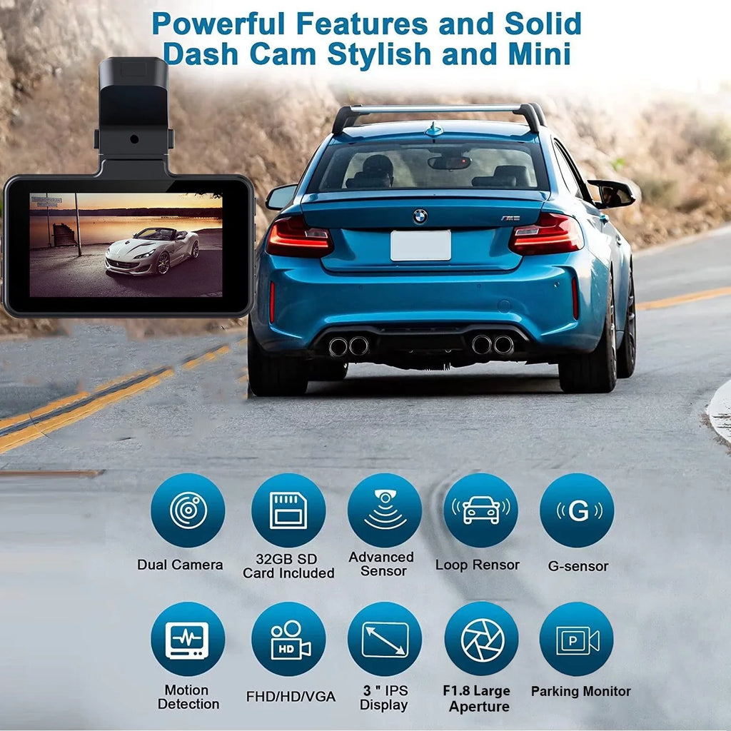 2K Dash Cam, 3 Inches Dual Dash Camera for Cars, WDR Dashcam Front and Rear Night Vision, 170° Wide Angle, Loop Recording, G-Sensor, Parking Monitor,Free 32GB Card