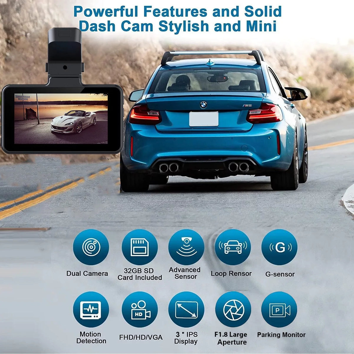 2K Dash Cam, 3 Inches Dual Dash Camera for Cars, WDR Dashcam Front and Rear Night Vision, 170° Wide Angle, Loop Recording, G-Sensor, Parking Monitor,Free 32GB Card