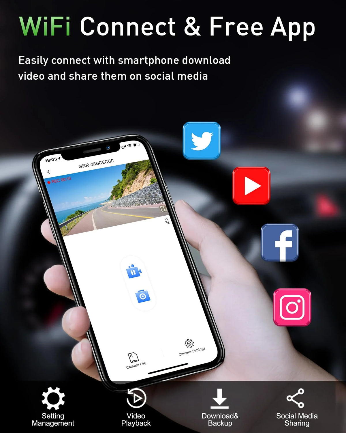 Advanced 4K+1080P WiFi dual dash cam, car front and rear dash cam, 3-inch IPS dual dash cam, night vision, 24 hours parking mode, loop recording, 170° wide angle, 64GB SD card included