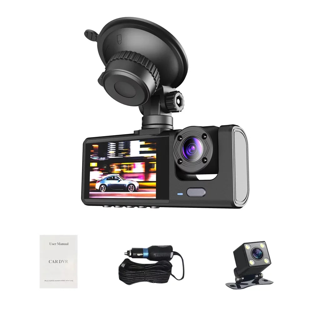 1080P DVR Dash Camera Front & Inner & Rear Camera Driving Recorder 2 Inch Screen Dashcam Support Night-Vision Loop Recording One-Key Lock