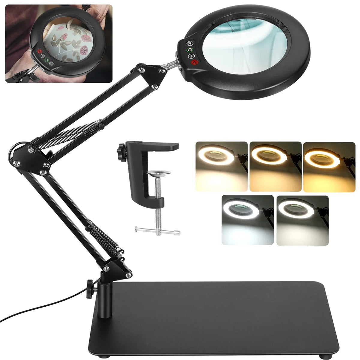 10X Magnifying Glass with Light and Stand, 2-in-1 LED Magnifying Desk Lamp with Clamp, 5 Color Modes Stepless Dimmable, Hands Free Lighted Magnifier for Craft, Painting, Close Work, Sewing