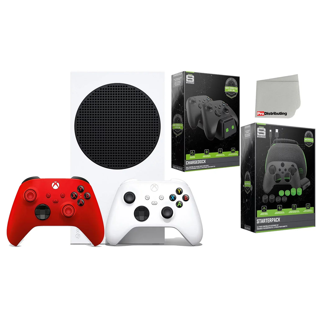 Xbox Series S 512GB Digital Console with Extra Wireless Controller - Pulse Red - Surge 12 Piece Accessory Kit and CHARGEDOCK Dual Charge Base with Microfiber Cleaning Cloth