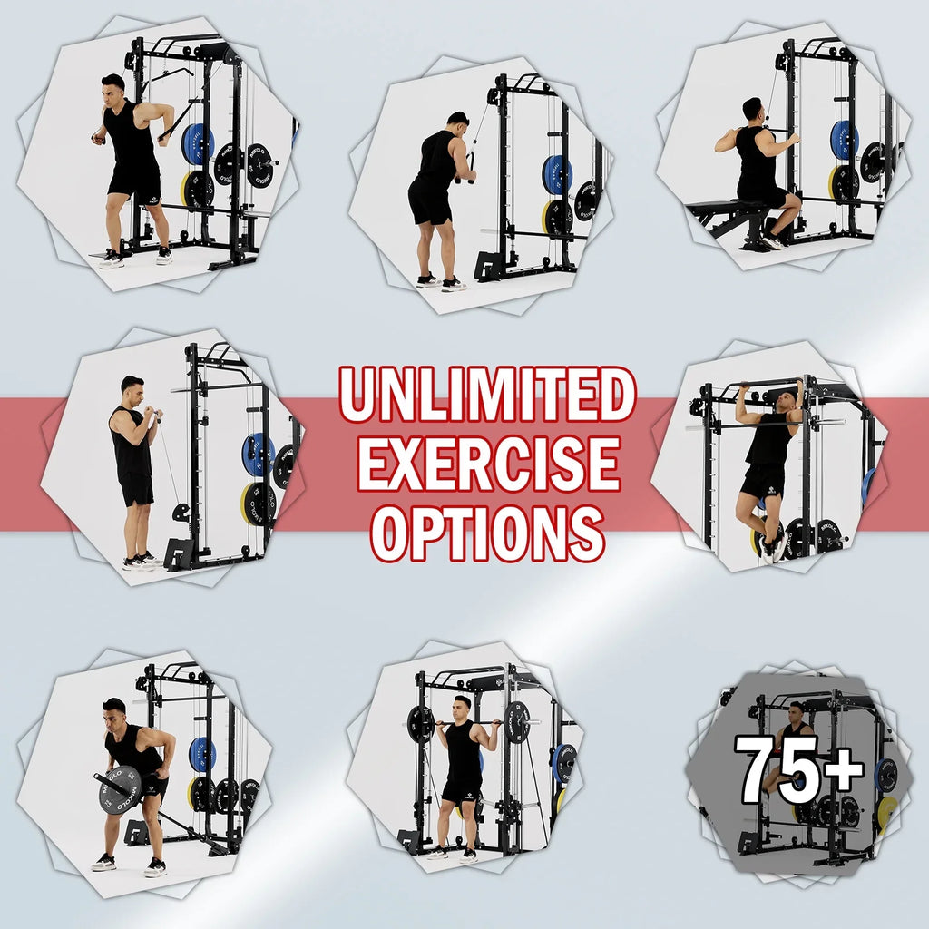 Mikolo Smith Machine Home Gym, 2000 lbs Power Rack Cage with Cable Crossover, Smith Cage with 800LB Capacity Adjustable Load Bench and 100 lbs Mass Plate, Total Body Strength Training Cage