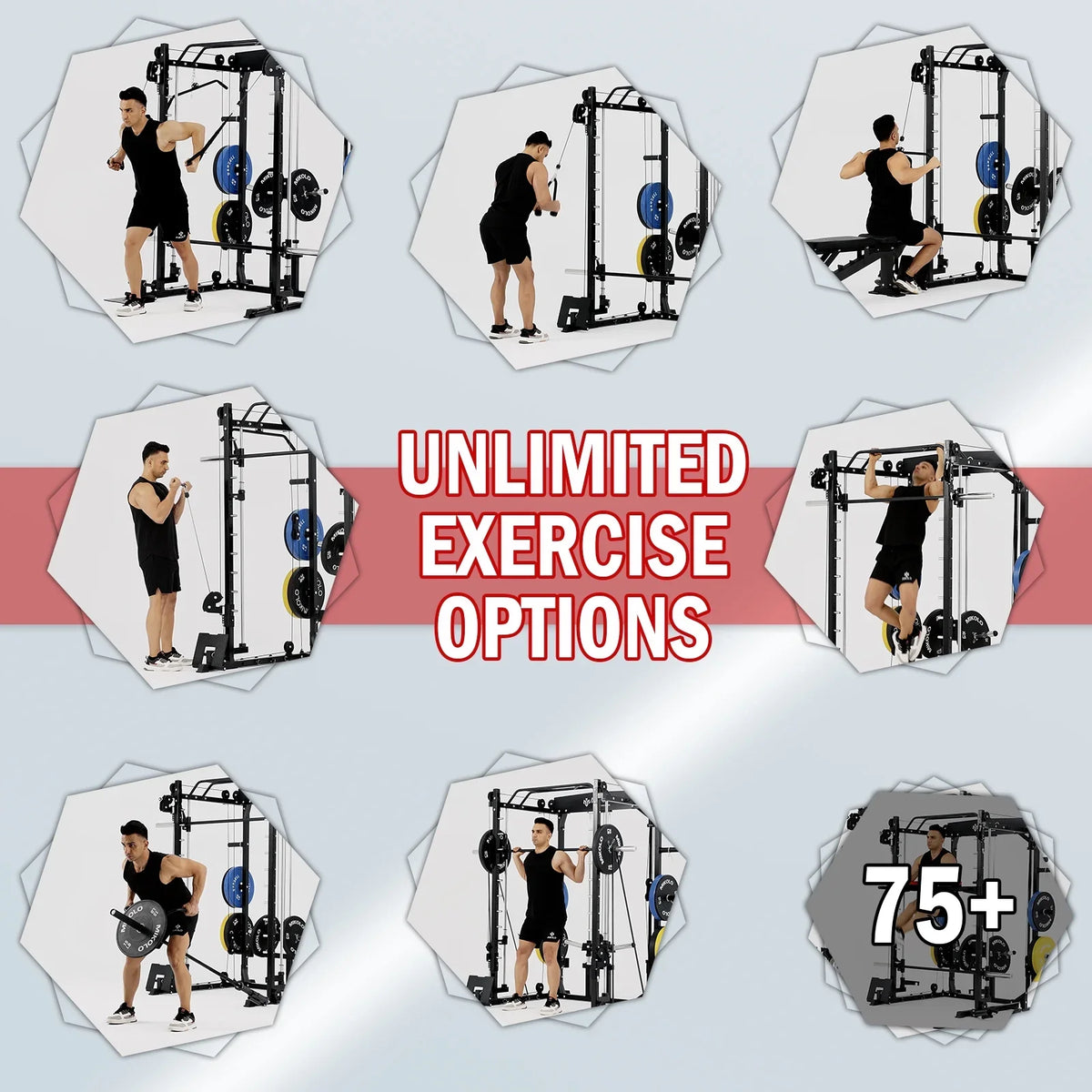 Mikolo Smith Machine Home Gym, 2000 lbs Power Rack Cage with Cable Crossover, Smith Cage with 800LB Capacity Adjustable Load Bench and 100 lbs Mass Plate, Total Body Strength Training Cage