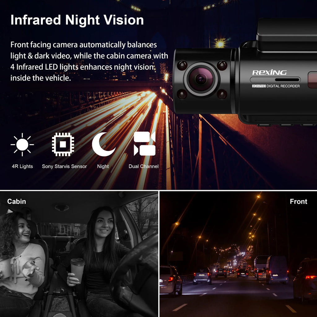 Rexing V3 Basic Dual Camera Front and Interior Cabin Full HD 1080p Dash Cam with Wi-Fi