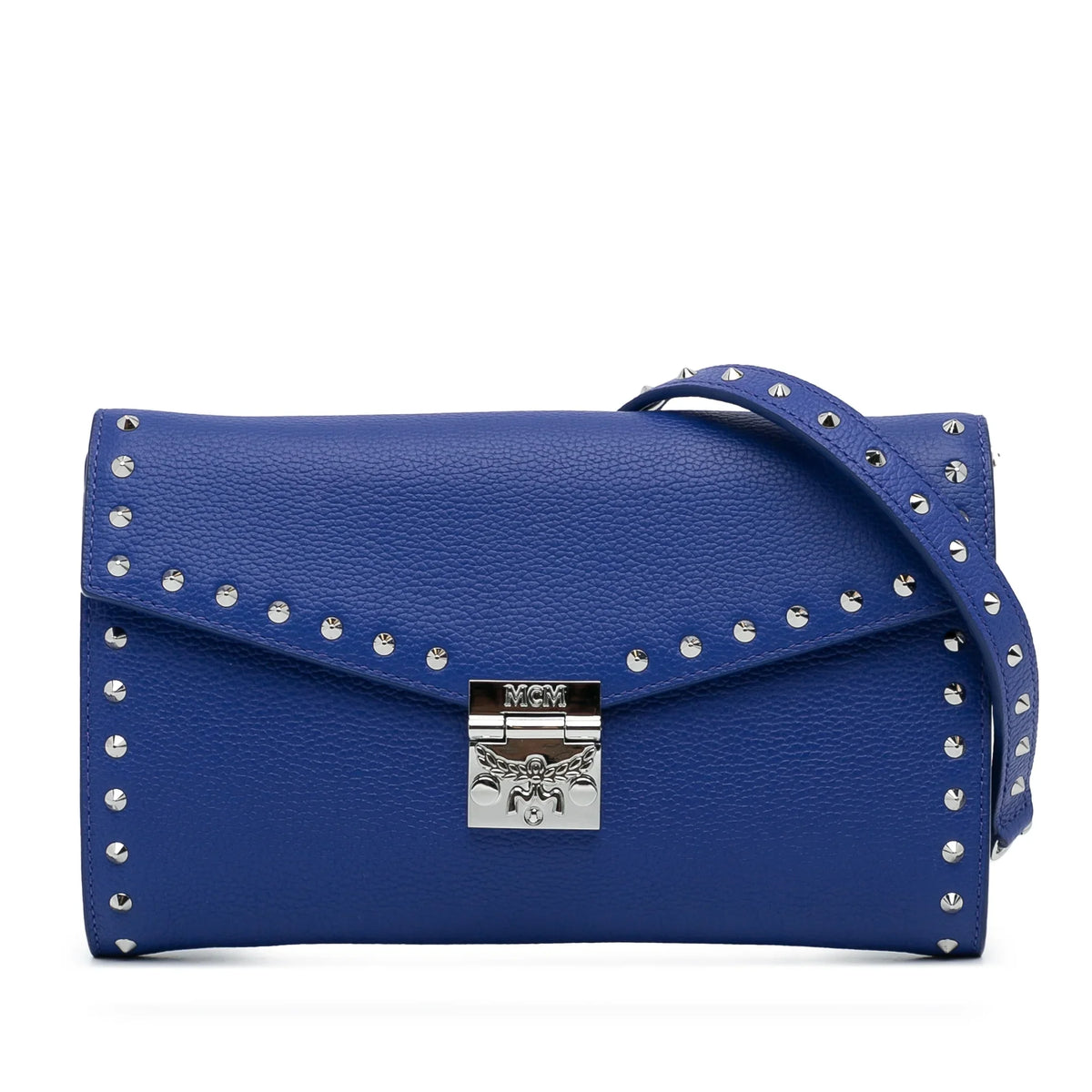 Pre-Owned Authenticated MCM Studded Patricia Wallet on Chain Calf Leather Blue Crossbody Bag Unisex (Good)