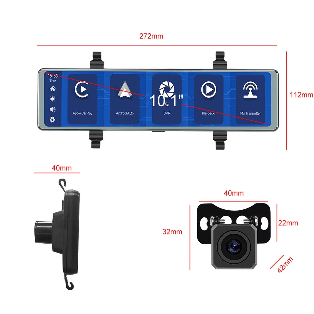 Mirror Dash Cam with Wireless Carplay&Android Auto,11.26" Voice Control Rear View Mirror 1080P Front and Rear View Dual Cameras,FM Transmitter,Night Vision,Parking Assistance, WDR,Loop Recording