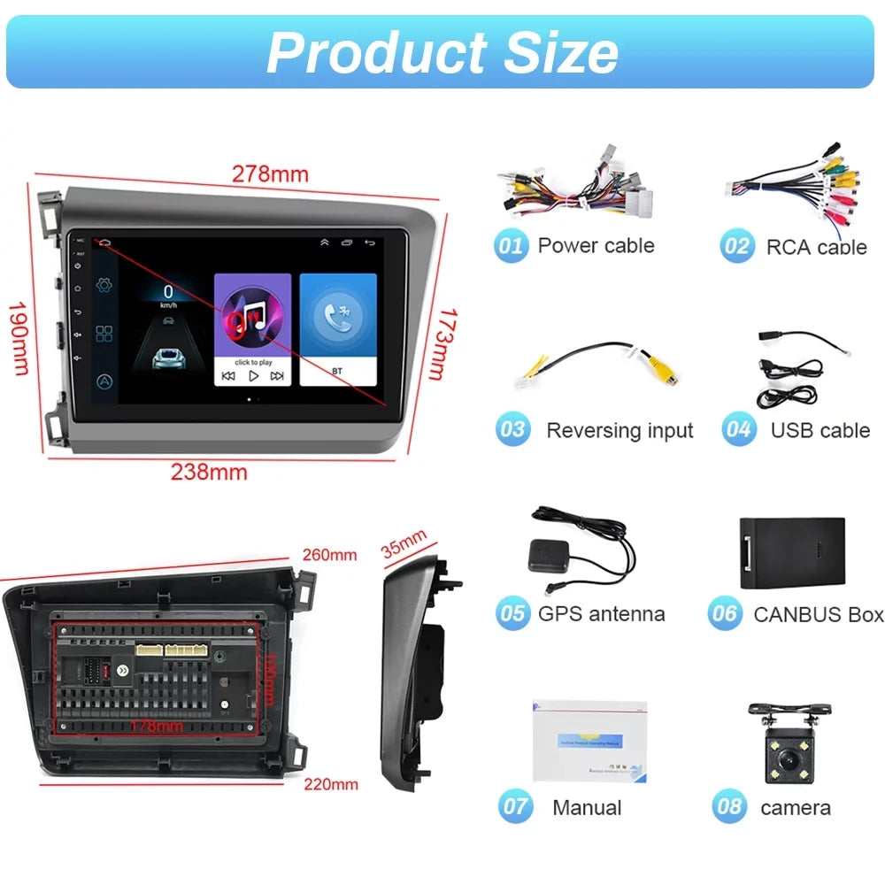 Podofo for Honda Civic 2012 2013 2014 2015 Car Stereo Radio 9'' Touch Screen Android 12 Car Player FM Bluetooth Mirror Link Wifi Gps Usb, with Backup Camera