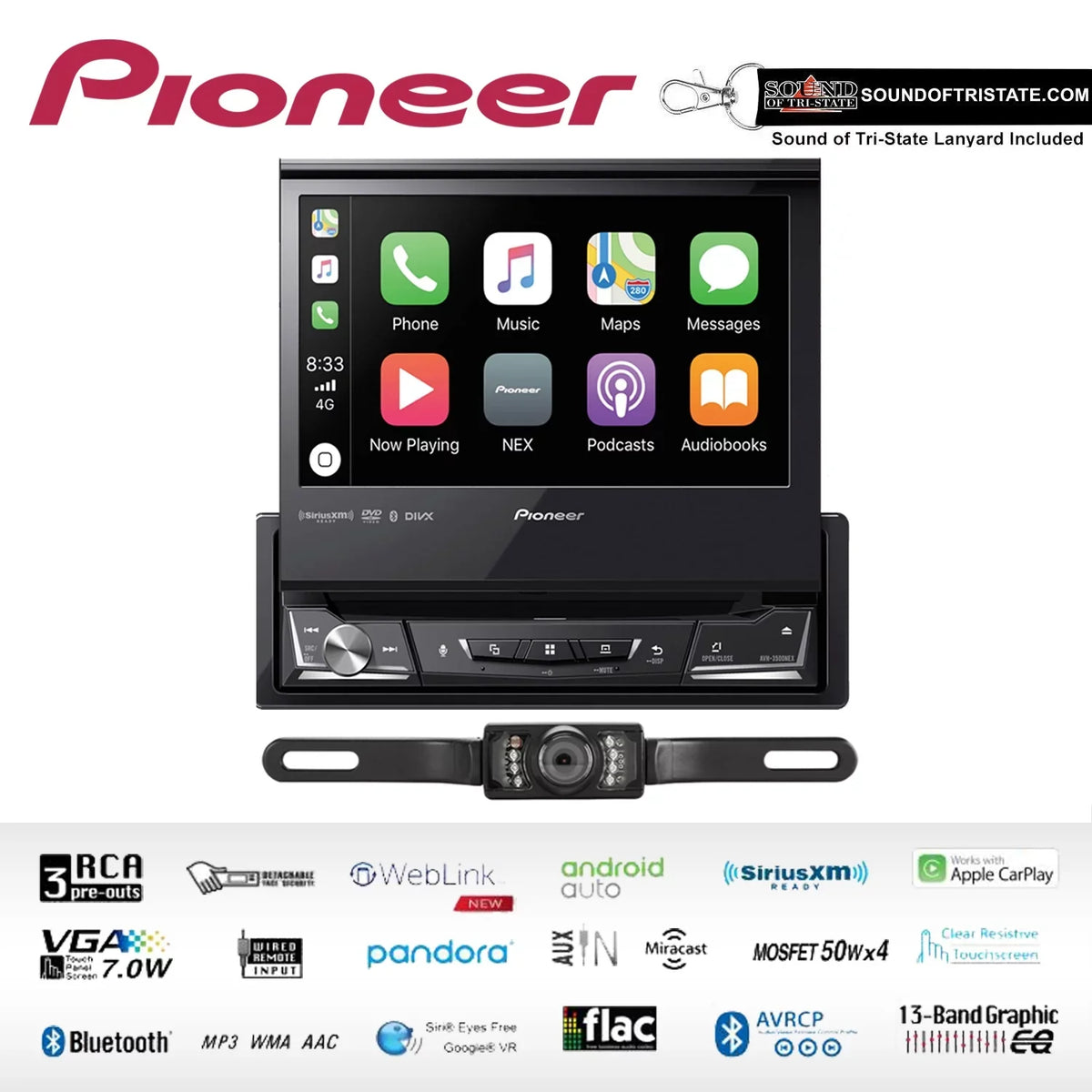 Pioneer AVH-3500NEX Single Din DVD Receiver with License Plate Style Camera