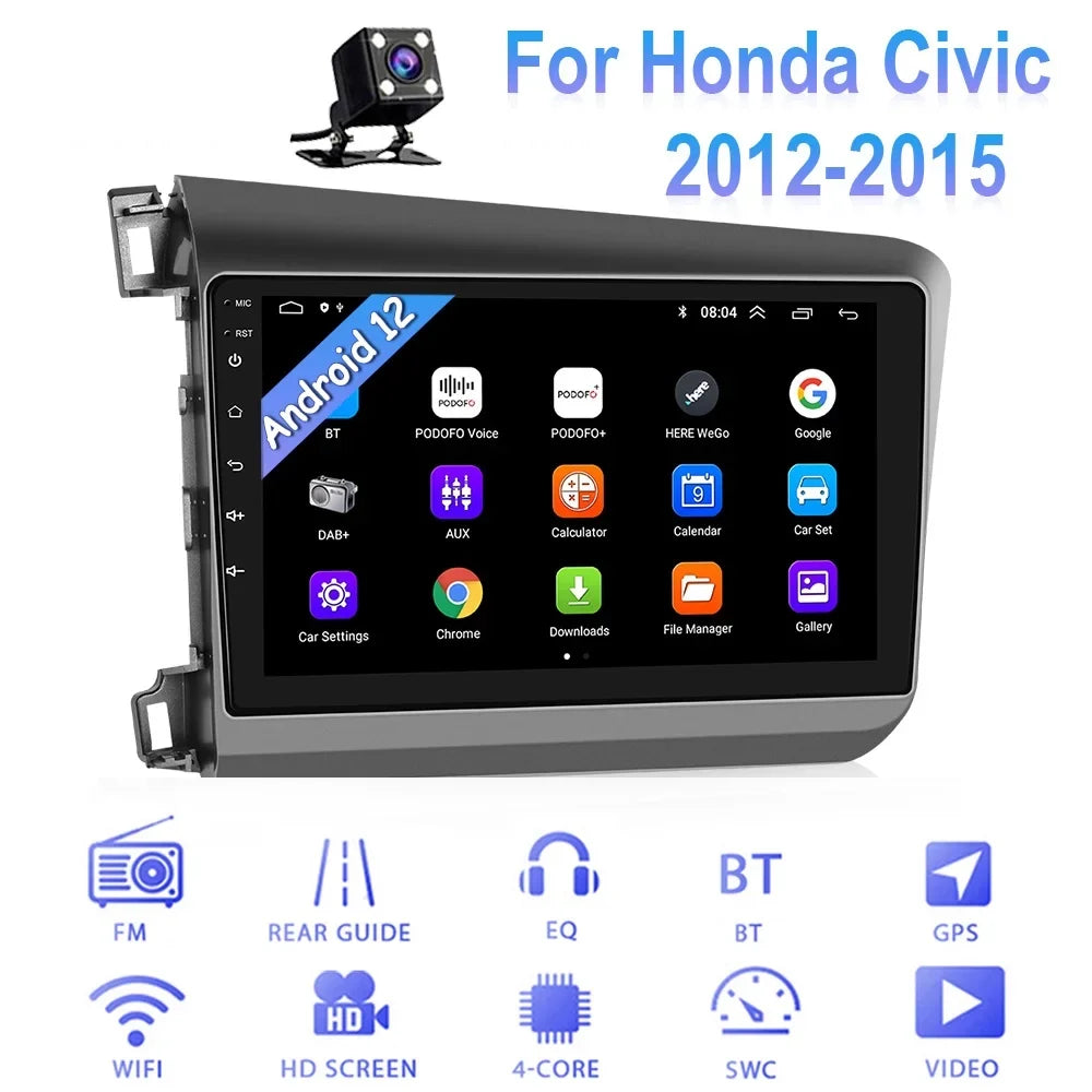 Podofo for Honda Civic 2012 2013 2014 2015 Car Stereo Radio 9'' Touch Screen Android 12 Car Player FM Bluetooth Mirror Link Wifi Gps Usb, with Backup Camera