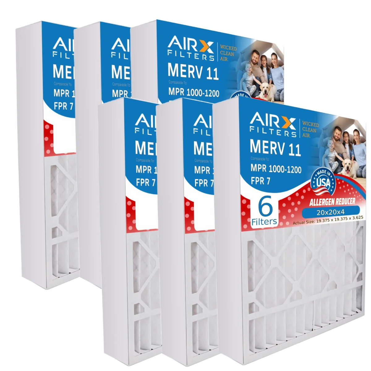 20x20x4 Air Filter MERV 11 Comparable to MPR 1000, MPR 1200 & FPR 7 Compatible with White Rodgers FR1600M-111 Premium USA Made 20x20x4 Furnace Filter 6 Pack MERV 11 by AIRX FILTERS WICKED CLEAN AIR.