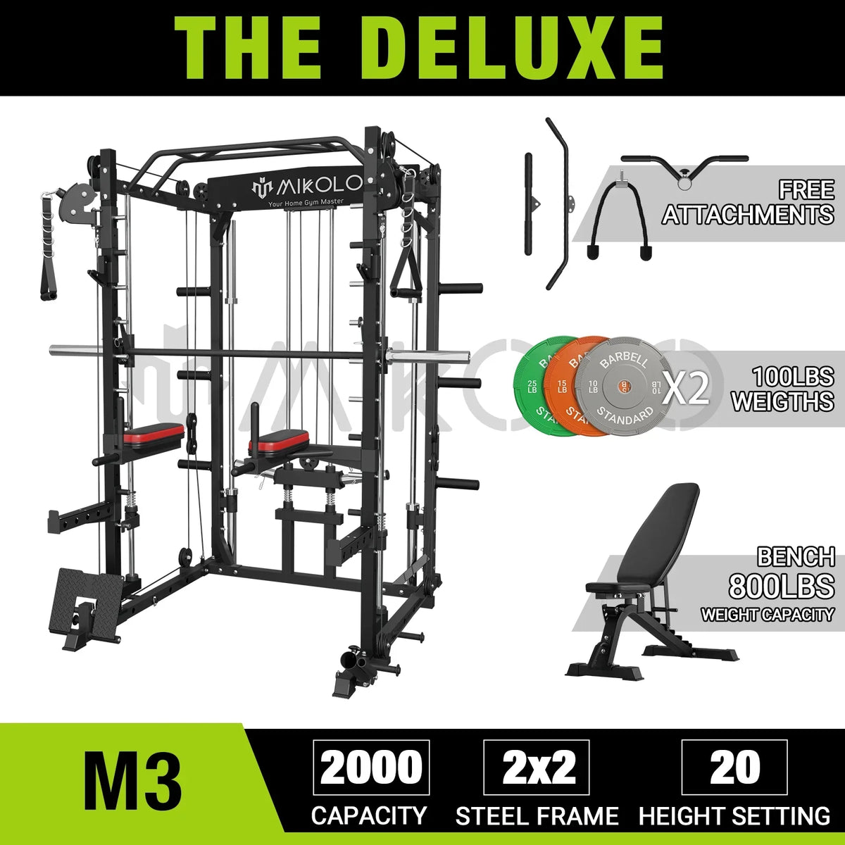 Mikolo Smith Machine Home Gym, 2000 lbs Power Rack Cage with Cable Crossover, Smith Cage with 800LB Capacity Adjustable Load Bench and 100 lbs Mass Plate, Total Body Strength Training Cage