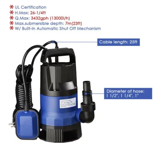 1 750W Submersible Water Sump Pump For Dirty Clean Swim Pool Pond