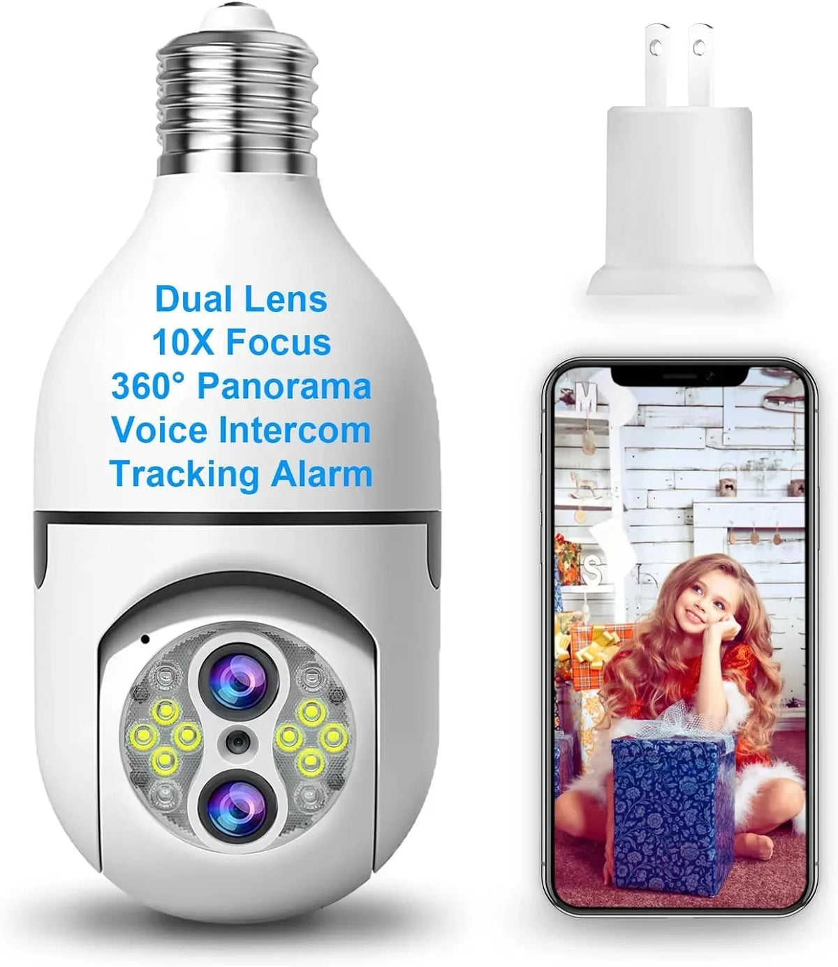 Upgraded 10x Zoom Dual Lens Light Bulb Camera, Waterproof Light Bulb Security Camera, 2MP 360° Light Bulb Camera