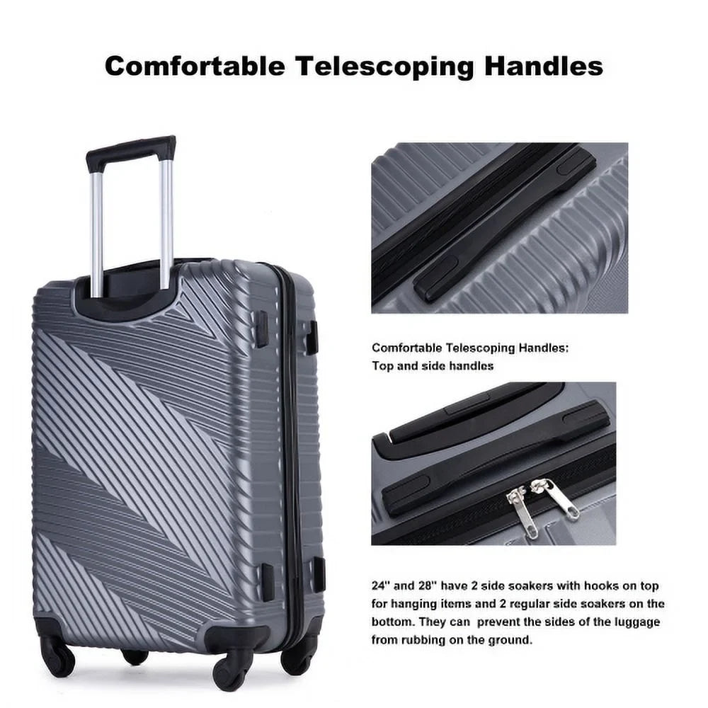 3 Piece Luggage Sets PC+ABS Mass Suitcase with Two Hooks, Spinner Wheels, (20/24/28) Gray
