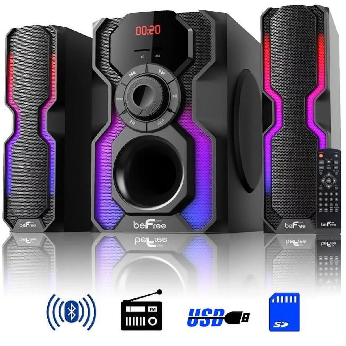 BeFree Sound 2.1 Channel Bluetooth Multimedia Wired Speaker Shelf Stereo System with Reactive LED Lights, FM Radio, USB & SD Inputs, 6 ohm - Dark & Silver