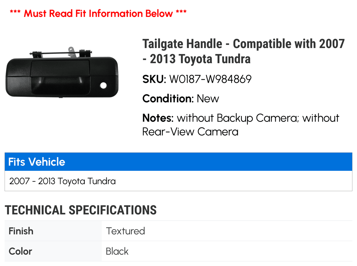 Taiate Handle - Textured Ebony - without Backup Camera - Compatible with 2007 - 2013 Tundra (Models without Rear-View Camera) 2008 2009 2010 2011 2012